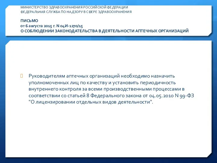 МИНИСТЕРСТВО ЗДРАВООХРАНЕНИЯ РОССИЙСКОЙ ФЕДЕРАЦИИ ФЕДЕРАЛЬНАЯ СЛУЖБА ПО НАДЗОРУ В СФЕРЕ ЗДРАВООХРАНЕНИЯ ПИСЬМО