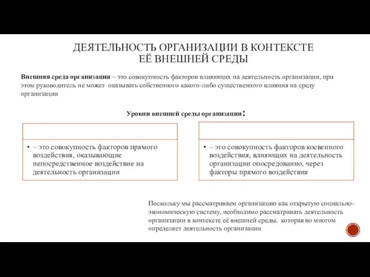 ДЕЯТЕЛЬНОСТЬ ОРГАНИЗАЦИИ В КОНТЕКСТЕ ЕЁ ВНЕШНЕЙ СРЕДЫ Поскольку мы рассматриваем организацию как