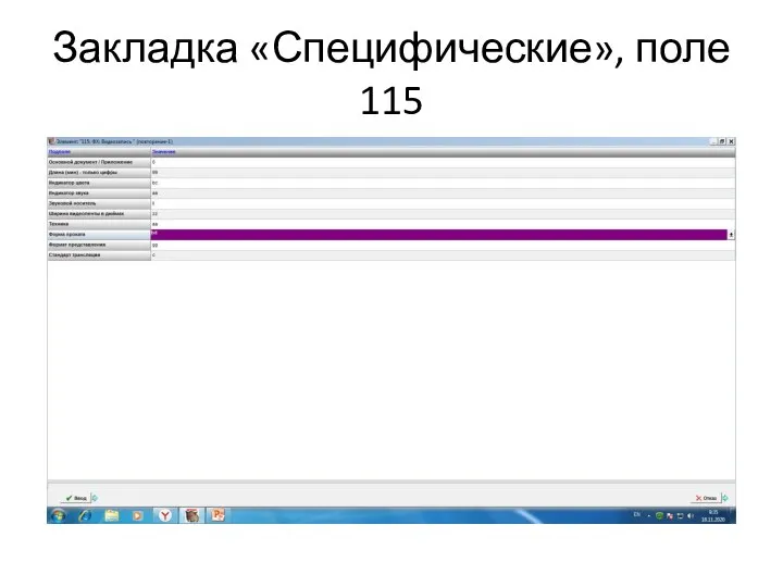 Закладка «Специфические», поле 115