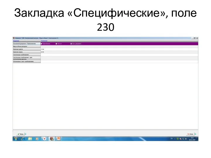 Закладка «Специфические», поле 230