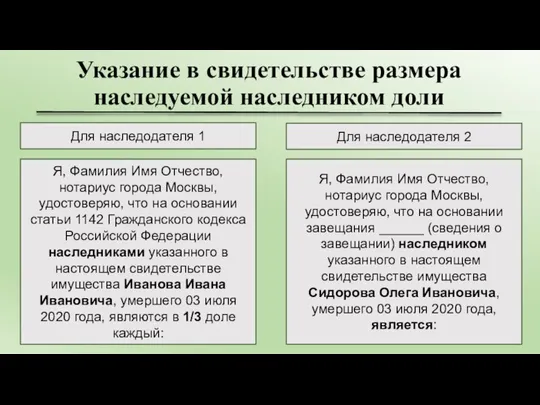 Указание в свидетельстве размера наследуемой наследником доли Я, Фамилия Имя Отчество, нотариус