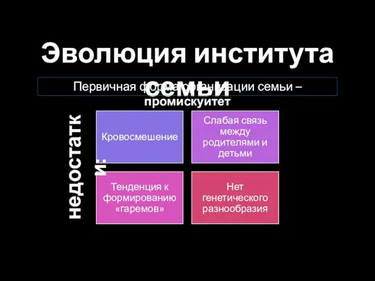 Эволюция института семьи Первичная форма организации семьи – промискуитет недостатки: