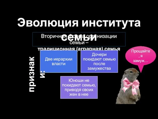 Эволюция института семьи Вторичная форма организации семьи – традиционная (аграрная) семья признаки: Прощайте, я замуж…