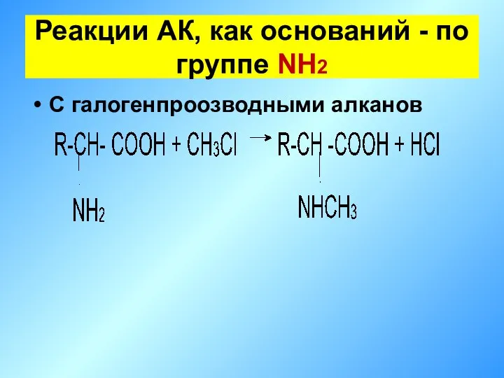 С галогенпроозводными алканов Реакции АК, как оснований - по группе NH2