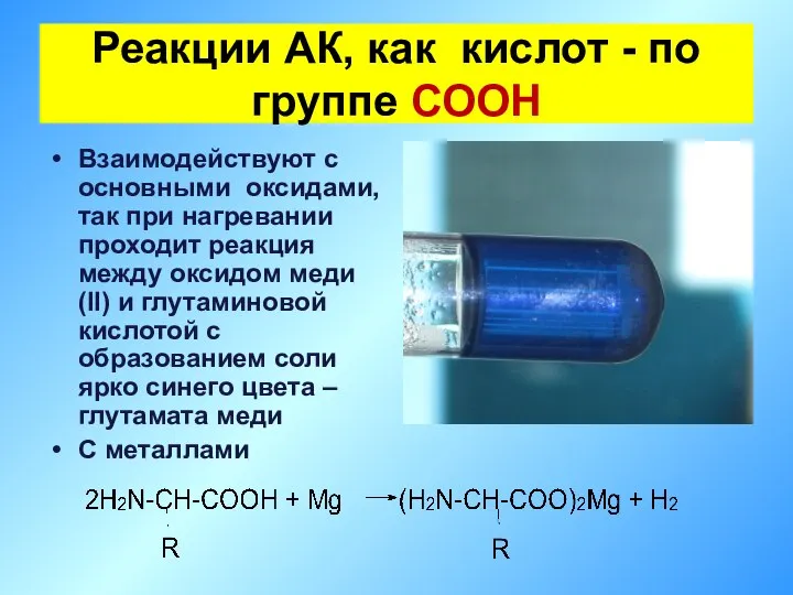 Реакции АК, как кислот - по группе СООН Взаимодействуют с основными оксидами,