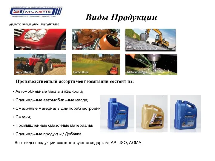 Виды Продукции ATLANTIC GREASE AND LUBRICANT MFG Производственный ассортимент компании состоит из: