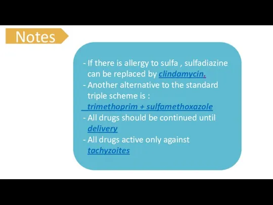 Notes If there is allergy to sulfa , sulfadiazine can be replaced