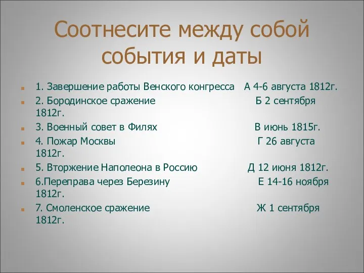 Соотнесите между собой события и даты 1. Завершение работы Венского конгресса А