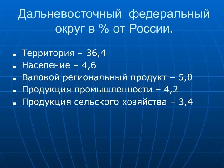 Дальневосточный федеральный округ в % от России. Территория – 36,4 Население –