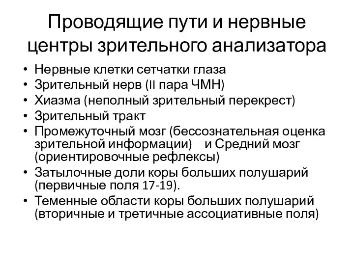 Проводящие пути и нервные центры зрительного анализатора Нервные клетки сетчатки глаза Зрительный