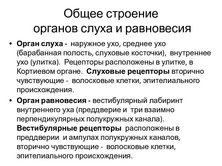 Общее строение органов слуха и равновесия Орган слуха - наружное ухо, среднее