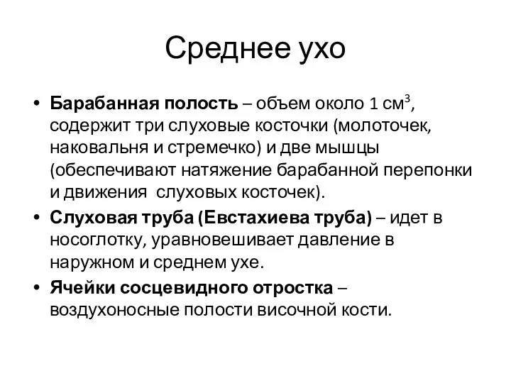 Среднее ухо Барабанная полость – объем около 1 см3, содержит три слуховые