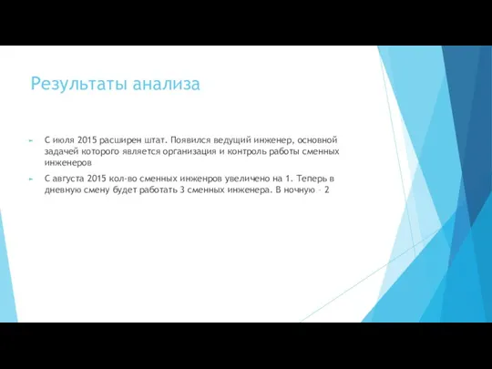 Результаты анализа С июля 2015 расширен штат. Появился ведущий инженер, основной задачей