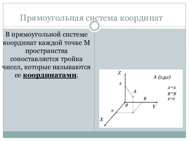 В прямоугольной системе координат каждой точке М пространства сопоставляется тройка чисел, которые