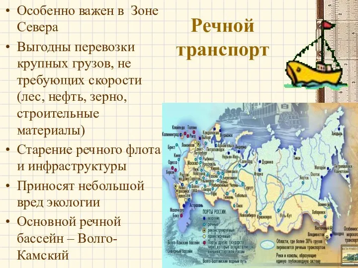 Речной транспорт Особенно важен в Зоне Севера Выгодны перевозки крупных грузов, не