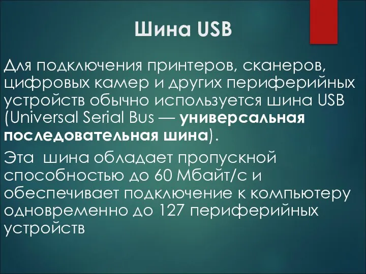 Шина USB Для подключения принтеров, сканеров, цифровых камер и других периферийных устройств