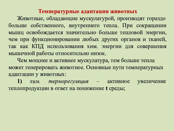 Температурные адаптации животных Животные, обладающие мускулатурой, производят гораздо больше собственного, внутреннего тепла.