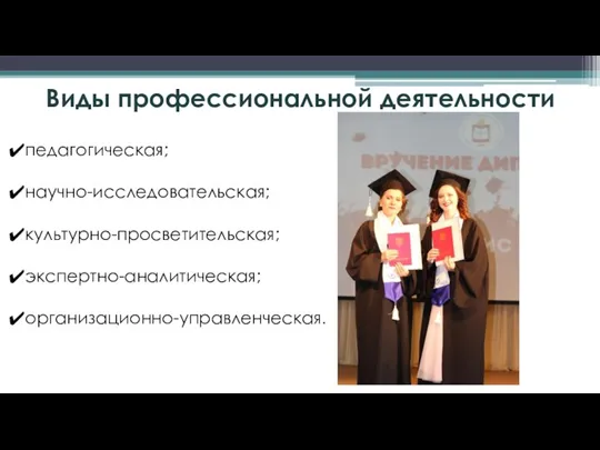 Виды профессиональной деятельности педагогическая; научно-исследовательская; культурно-просветительская; экспертно-аналитическая; организационно-управленческая.