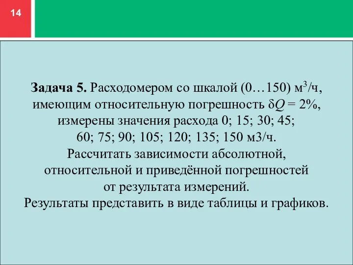 Задача 5. Расходомером со шкалой (0…150) м3/ч, имеющим относительную погрешность δQ =