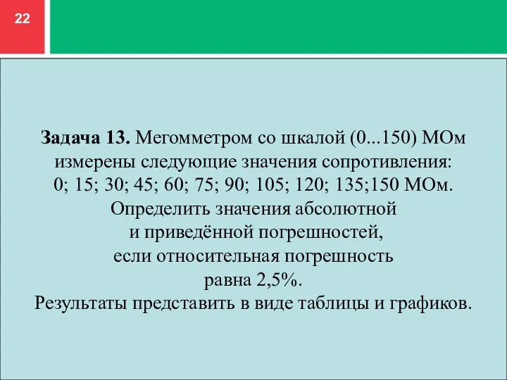 Задача 13. Мегомметром со шкалой (0...150) МОм измерены следующие значения сопротивления: 0;