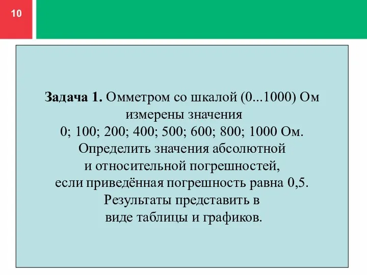 Задача 1. Омметром со шкалой (0...1000) Ом измерены значения 0; 100; 200;