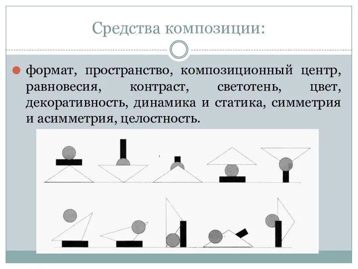 Средства композиции: формат, пространство, композиционный центр, равновесия, контраст, светотень, цвет, декоративность, динамика