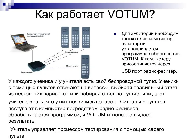 Как работает VOTUM? Для аудитории необходим только один компьютер, на который устанавливается