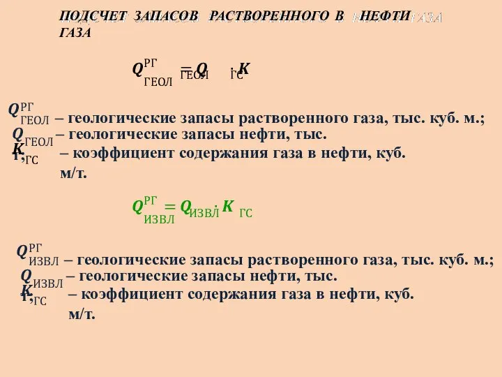 ПОДСЧЕТ ЗАПАСОВ РАСТВОРЕННОГО В НЕФТИ ГАЗА ?ГЕОЛ РГ ?РГ = ? ∙