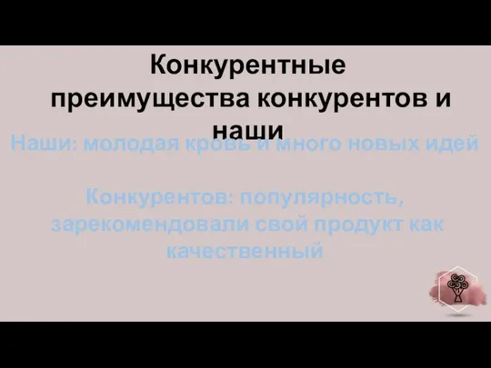 Конкурентные преимущества конкурентов и наши Наши: молодая кровь и много новых идей