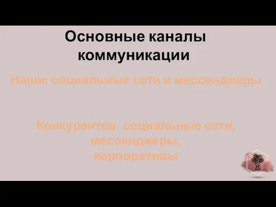 Основные каналы коммуникации Наши: социальные сети и мессенджеры Конкурентов: социальные сети, мессенджеры, корпоративы