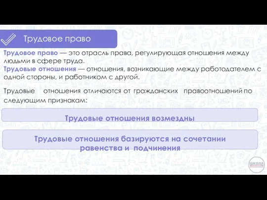 Трудовое право Трудовое право — это отрасль права, регулирующая отношения между людьми