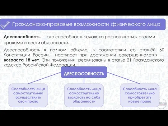 Гражданско-правовые возможности физического лица Дееспособность — это способность человека распоряжаться своими правами