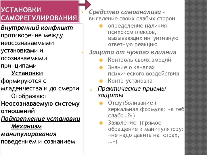 УСТАНОВКИ САМОРЕГУЛИРОВАНИЯ Внутренний конфликт – противоречие между неосознаваемыми установками и осознаваемыми принципами