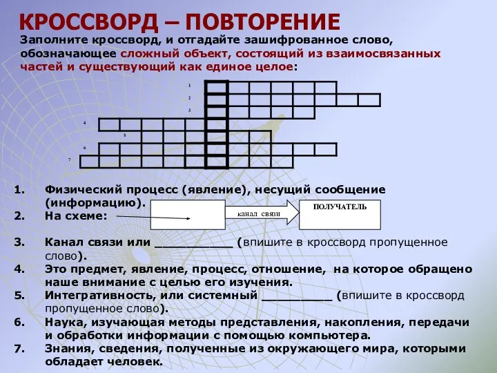 КРОССВОРД – ПОВТОРЕНИЕ Заполните кроссворд, и отгадайте зашифрованное слово, обозначающее сложный объект,