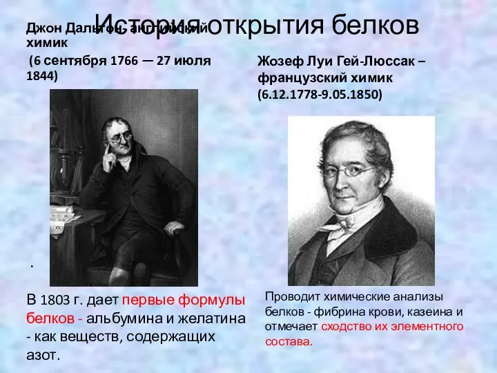 История открытия белков Джон Дальтон- английский химик (6 сентября 1766 — 27