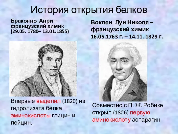 История открытия белков Браконно Анри –французский химик (29.05. 1780– 13.01.1855) Впервые выделил