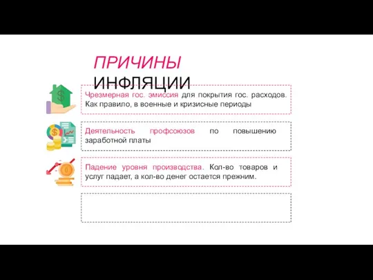 ПРИЧИНЫ ИНФЛЯЦИИ Чрезмерная гос. эмиссия для покрытия гос. расходов. Как правило, в