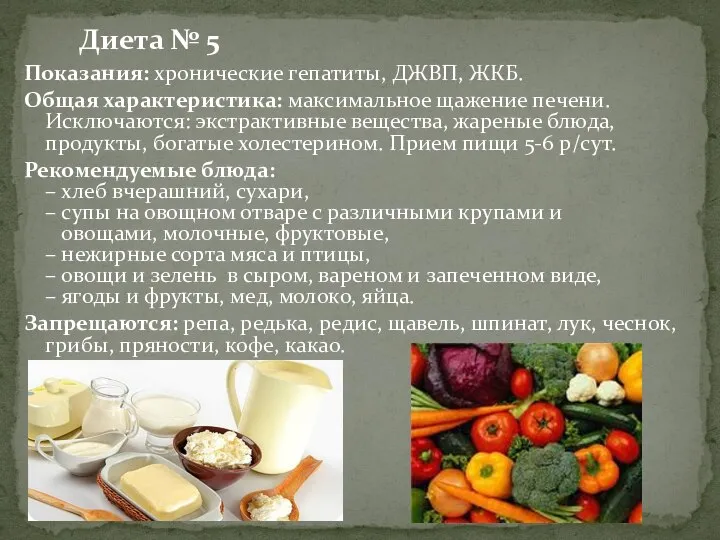 Показания: хронические гепатиты, ДЖВП, ЖКБ. Общая характеристика: максимальное щажение печени. Исключаются: экстрактивные