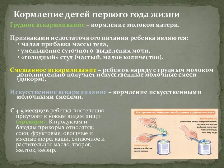 Кормление детей первого года жизни Грудное вскармливание – кормление молоком матери. Признаками