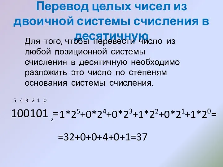 Перевод целых чисел из двоичной системы счисления в десятичную 100101 2 =