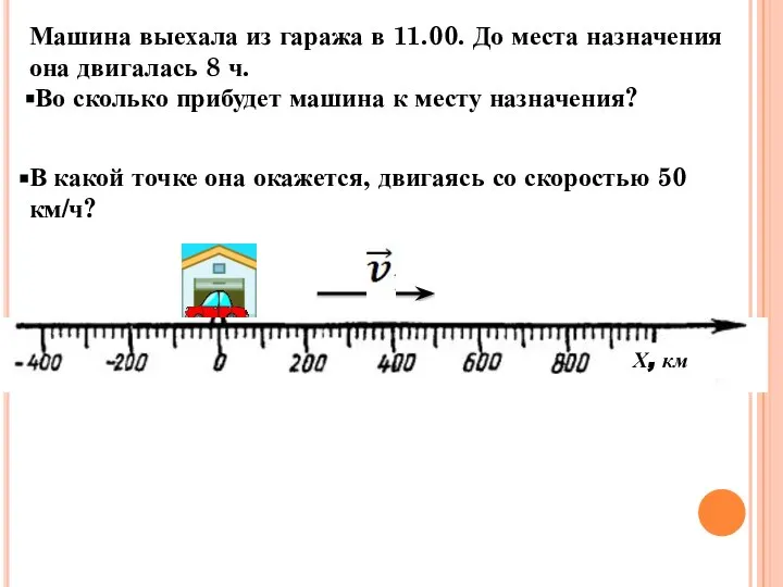 Машина выехала из гаража в 11.00. До места назначения она двигалась 8