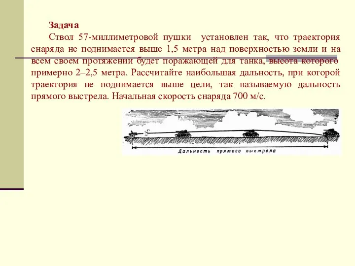 Задача Ствол 57-миллиметровой пушки установлен так, что траектория снаряда не поднимается выше