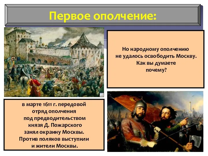 Первое ополчение: в марте 1611 г. передовой отряд ополчения под предводительством князя