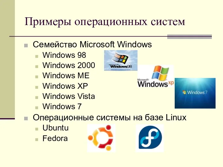 Примеры операционных систем Семейство Microsoft Windows Windows 98 Windows 2000 Windows ME