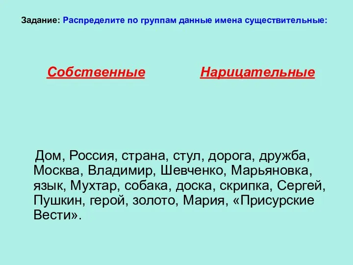 Задание: Распределите по группам данные имена существительные: Собственные Нарицательные Дом, Россия, страна,