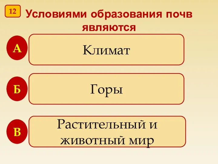 Условиями образования почв являются Климат Горы Растительный и животный мир В Б А 12