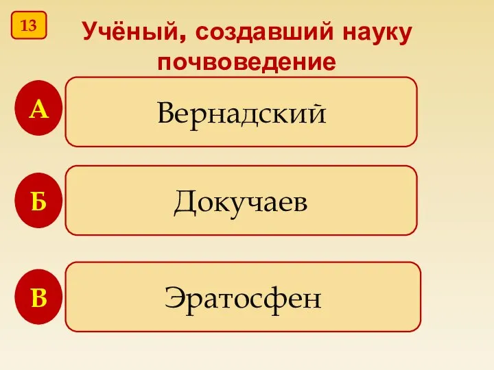 Учёный, создавший науку почвоведение Вернадский Докучаев Эратосфен В Б А 13