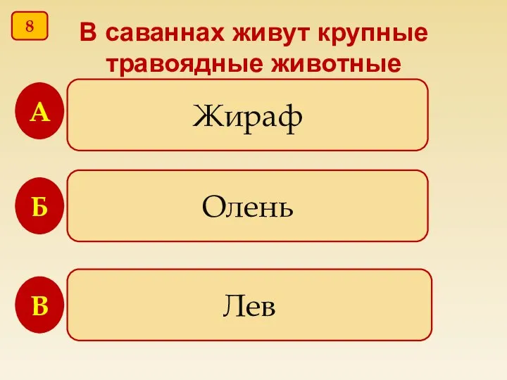 В саваннах живут крупные травоядные животные Жираф Олень Лев В Б А 8