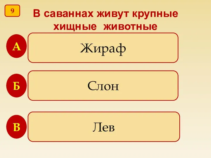 В саваннах живут крупные хищные животные Жираф Слон Лев В Б А 9