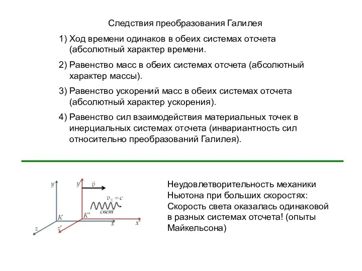 Следствия преобразования Галилея 1) Ход времени одинаков в обеих системах отсчета (абсолютный